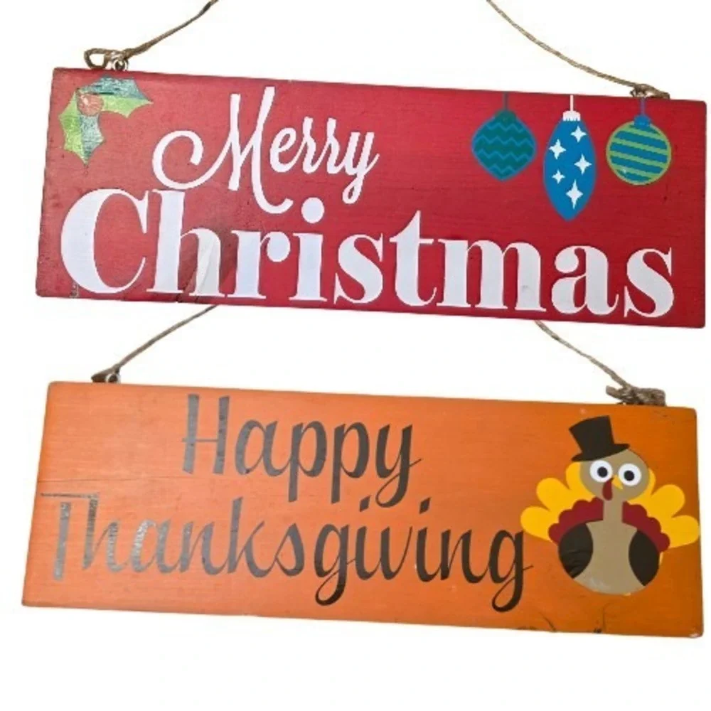 Reversible MERRY CHRISTMAS HAPPY THANKSGIVING Homemade Vinyl Wood Hanging Sign‎